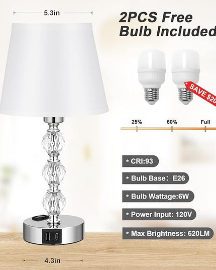Bedside Lamps for Bedrooms Set of 2 - Crystal Nightstand Bedroom Lamp with Two USB Charging Port, 3 Way Dimmable Touch Small Bed Side Table Lamp, Silver Night Stand Light for Living/Guest/Dinning Room - LeafyLoom