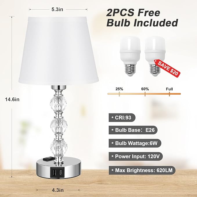 Bedside Lamps for Bedrooms Set of 2 - Crystal Nightstand Bedroom Lamp with Two USB Charging Port, 3 Way Dimmable Touch Small Bed Side Table Lamp, Silver Night Stand Light for Living/Guest/Dinning Room - LeafyLoom