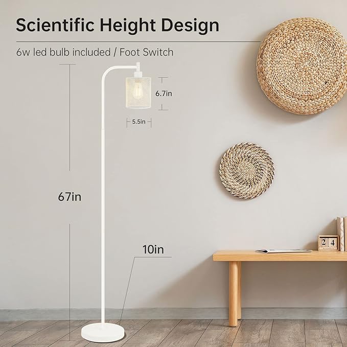 BoostArea White Industrial Floor Lamp, 67 Inch Modern Standing Lamp with Iron Mesh Lampshade, 6W LED Stand Up Lamp for Living Room, Bedroom, Office, Den - LeafyLoom