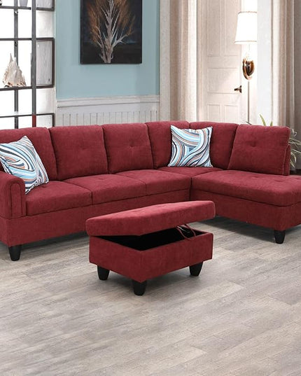 ROOMTEC Button Modern L Shape Sectional Sofa Set, Upholstered Corner Couch with Storage Ottoman, Flannel Tufted Cushions, for Living Room, Apartment, 97inch, Red w/Right Chaise Lounge - LeafyLoom