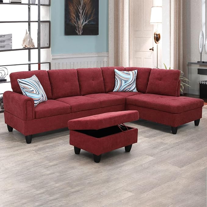 ROOMTEC Button Modern L Shape Sectional Sofa Set, Upholstered Corner Couch with Storage Ottoman, Flannel Tufted Cushions, for Living Room, Apartment, 97inch, Red w/Right Chaise Lounge - LeafyLoom