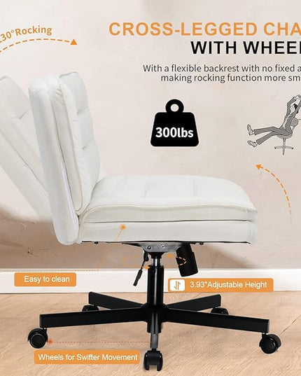 COMHOMA Criss Cross Chair with Wheels, Armless Wide Cross Legged Office Chair Mid Back, Modern Home Office Desk Chair Swivel Adjustable Vanity Computer Chair, Beige Velvet - LeafyLoom