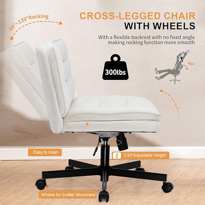 COMHOMA Criss Cross Chair with Wheels, Armless Wide Cross Legged Office Chair Mid Back, Modern Home Office Desk Chair Swivel Adjustable Vanity Computer Chair, Beige Velvet - LeafyLoom