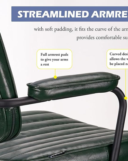 Arts Wish Mid Century Office Chair, Green Leather Desk Chair with Wheels and Arms, Adjustable Seat Height and Backrest, Suitable for Home or Office Use - LeafyLoom