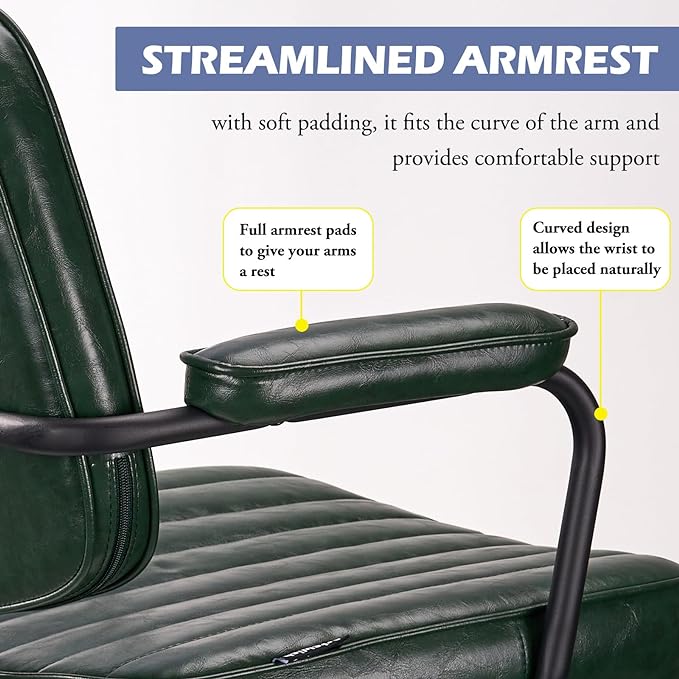 Arts Wish Mid Century Office Chair, Green Leather Desk Chair with Wheels and Arms, Adjustable Seat Height and Backrest, Suitable for Home or Office Use - LeafyLoom