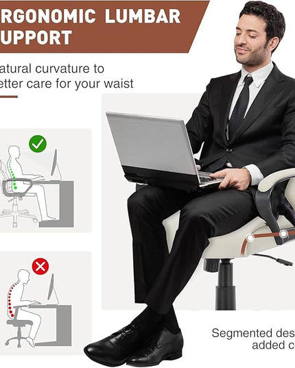 OLIXIS Home Office Mid-Back Computer Desk Chair with Armrests Height Adjustable, 360-Degree Swivel, Lumbar Support, PU Leather, Ivory - LeafyLoom