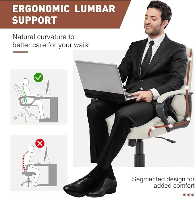 OLIXIS Home Office Mid-Back Computer Desk Chair with Armrests Height Adjustable, 360-Degree Swivel, Lumbar Support, PU Leather, Ivory - LeafyLoom