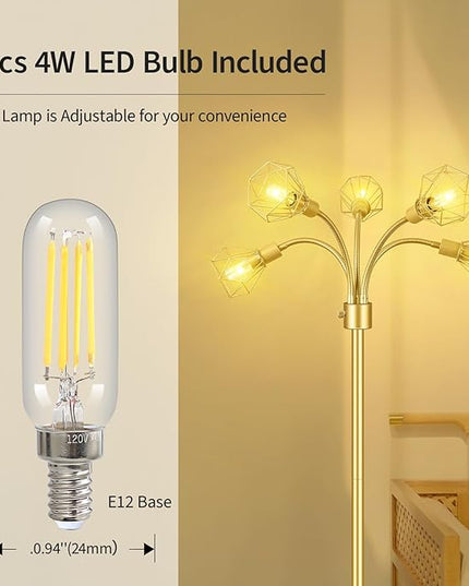 Gold Floor Lamp,Industrial Floor Lamps for Living Room,Tree Standing Lamp Bright with 5 Charm Diamond Head 2000 Lumens LED Bulbs,3 Way Switch,Modern Stand up Lamp for Bedroom Office Farmhouse - LeafyLoom
