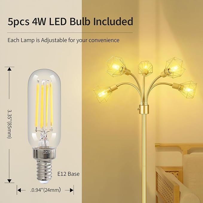 Gold Floor Lamp,Industrial Floor Lamps for Living Room,Tree Standing Lamp Bright with 5 Charm Diamond Head 2000 Lumens LED Bulbs,3 Way Switch,Modern Stand up Lamp for Bedroom Office Farmhouse - LeafyLoom