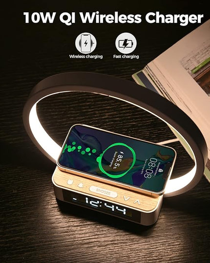 Desk Lamp with Alarm Clock Qi Wireless Charger, Touch Lamp for Bedroom 3 Light Hues, Bedside Lamp 10W Max Wireless Charging Table Lamp LED Eye-Caring Reading Nightstand Light for Living Room - LeafyLoom