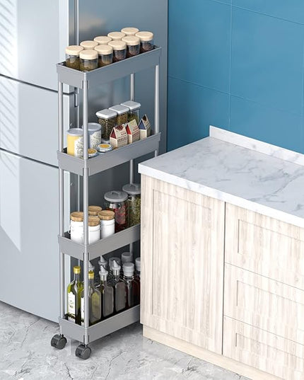 Sooyee 4 Tier Slim Storage Cart,Rolling Storage Cart,Narrow Shelf,Bathroom Rack,Mobile Shelving Unit Organizer for Kitchen, Bathroom, Laundry Room, Grey - LeafyLoom