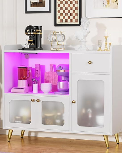 Cyclysio Sideboard Buffet Cabinet with Power Outlet, Kitchen Cabinet with LED Lights, Large Bar Cart Accent Buffet Cabinet with Door for Bedroom, Living Room, Kitchen, Hallway, White - LeafyLoom