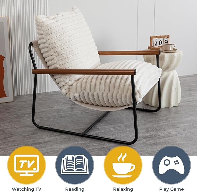 MAXYOYO Accent Chair, Sherpa Arm Chair for Living Room, Mid Century Modern Accent Chairs, Boucle Reading Bedroom Chair, Teddy Armchair, Wooden Arms Metal Frame - LeafyLoom