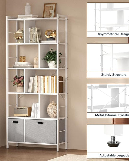 armocity 74 Inch Tall Bookshelf, 6 Tier Bookcase with Drawers, Modern Book Shelf Display Standing Shelf Units with Storage, Wood and Metal Bookshelves for Living Room, Bedroom, Home Office, White - LeafyLoom