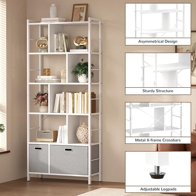 armocity 74 Inch Tall Bookshelf, 6 Tier Bookcase with Drawers, Modern Book Shelf Display Standing Shelf Units with Storage, Wood and Metal Bookshelves for Living Room, Bedroom, Home Office, White - LeafyLoom