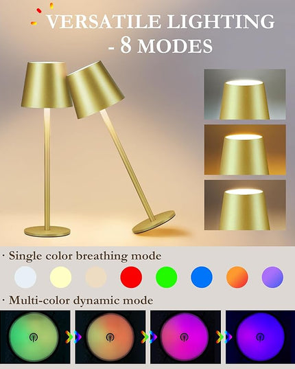 2-Pack RGB Cordless Table Lamp, 5200mAh RGB 8 Modes & Touch Control Rechargeable Battery Desk Lamp, IP54 Waterproof outdoor table lamp for Bedroom/Outdoor/Restaurant/Camping/Bars(Champagne) - LeafyLoom