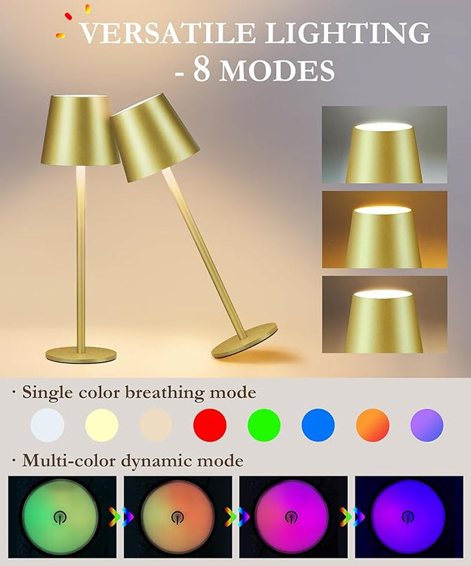 2-Pack RGB Cordless Table Lamp, 5200mAh RGB 8 Modes & Touch Control Rechargeable Battery Desk Lamp, IP54 Waterproof outdoor table lamp for Bedroom/Outdoor/Restaurant/Camping/Bars(Champagne) - LeafyLoom