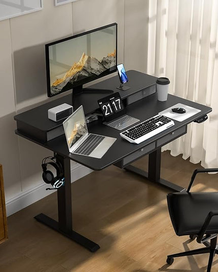 48 * 30 Inches Electric Standing Widened Desk Adjustable Height with 4 Drawers, Double Storage Shelves Stand Up Desk, Home Office Workstation Sit Stand up Desk (Classical Black) - LeafyLoom