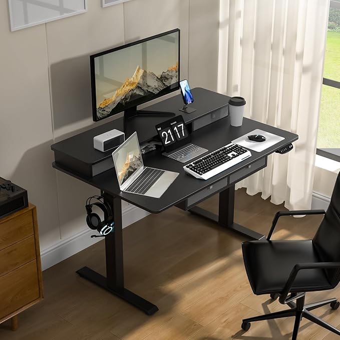 48 * 30 Inches Electric Standing Widened Desk Adjustable Height with 4 Drawers, Double Storage Shelves Stand Up Desk, Home Office Workstation Sit Stand up Desk (Classical Black) - LeafyLoom