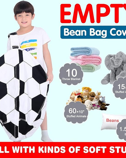 Lukeight Stuffed Animal Storage Bean Bag Chair Cover for Kids, Soccer Zipper Beanbag Chair Cover for Organizing Toddler & Kids' Rooms Plush Toys (Soccer, Large) - LeafyLoom