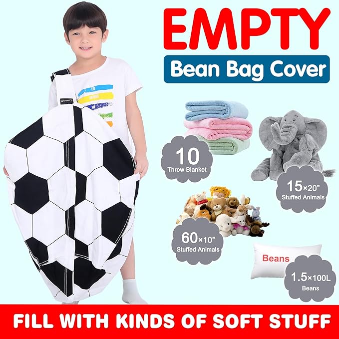 Lukeight Stuffed Animal Storage Bean Bag Chair Cover for Kids, Soccer Zipper Beanbag Chair Cover for Organizing Toddler & Kids' Rooms Plush Toys (Soccer, Large) - LeafyLoom