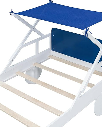 Wood Twin Size Car Bed with Ceiling Cloth, Headboard and Footboard, Car-Shaped Platform Bed W/Storage Shelves,Kids Twin-Bed-Frame for Boys,Girls,White+Blue - LeafyLoom