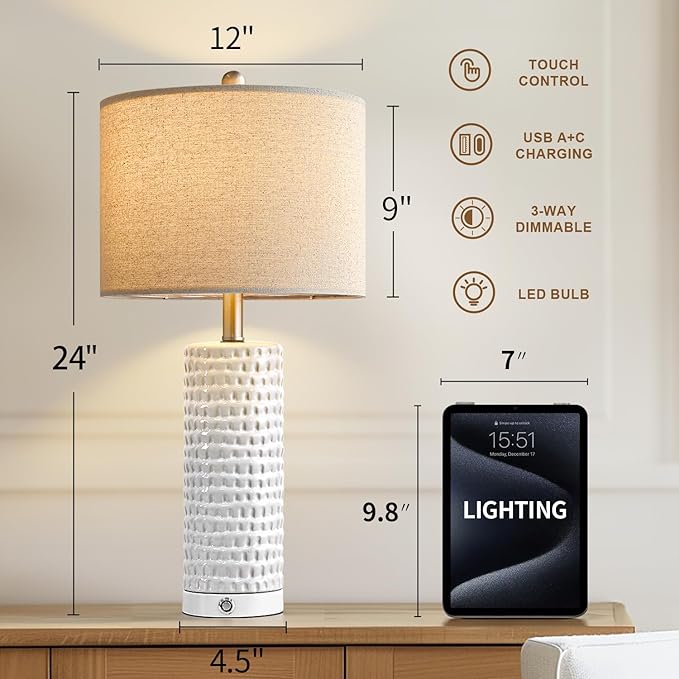PORTRES 24" Bedside Lamps Table Lamp for Bedroom, 3-Way Dimmable Touch Nightstand Lamp, Farmhouse Ceramic White Lamp for Living Room End Table Lamps with USB C+A Ports (1 Pack) - LeafyLoom