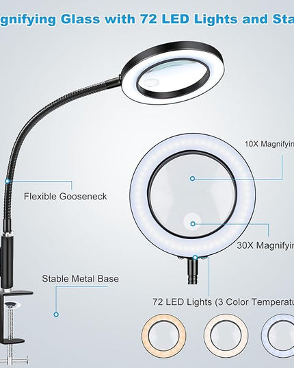 NZQXJXZ Large 30X10X Magnifying Glass with 72 LEDs Light Desk Magnifier with Clip 3 Color Modes and 10 Stepless Dimmable Desk Magnifying Lamp for Hobbies, Reading, Close Work, Jewelry - LeafyLoom