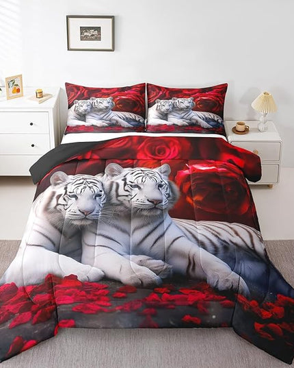 Tiger Comforter Set Full, Red Rose Down Comforter Kids Girls Women,Red Image of Large Cat Playing with Water Cool Nature Animal Quilted Duvet Insert Gorgeous Floral Flower Bedding Comforters,Brown - LeafyLoom