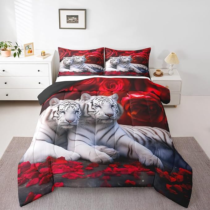 Tiger Comforter Set Full, Red Rose Down Comforter Kids Girls Women,Red Image of Large Cat Playing with Water Cool Nature Animal Quilted Duvet Insert Gorgeous Floral Flower Bedding Comforters,Brown - LeafyLoom