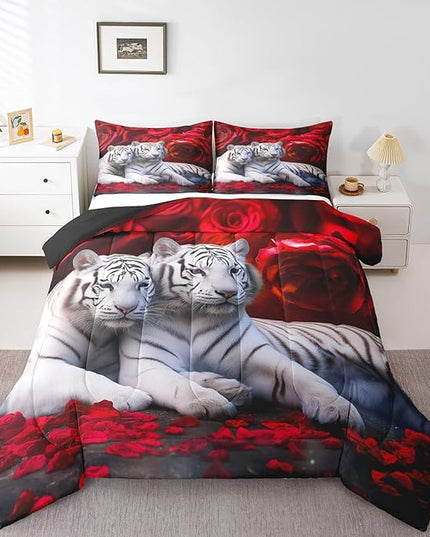 Tiger Comforter Set Queen, Red Rose Down Comforter Kids Girls Women,Red Image of Large Cat Playing with Water Cool Nature Animal Quilted Duvet Insert Gorgeous Floral Flower Bedding Comforters,Brown - LeafyLoom