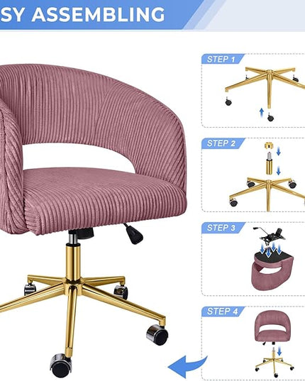 Rose Pink Office Chair, Corduroy Home Office Desk Chairs with Wheels and Gold Base, Mid Century Swivel Vanity Chair, Comfy Rolling Chair for Bedroom, Living Room, Study - LeafyLoom