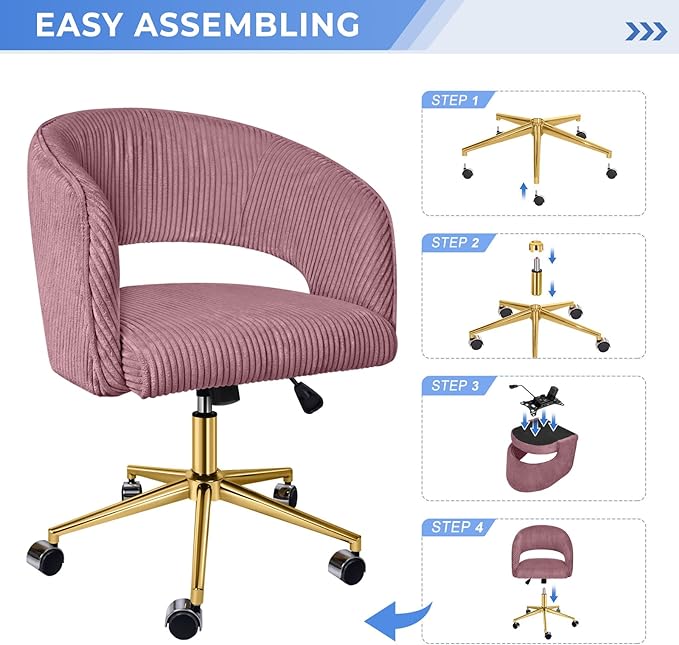 Rose Pink Office Chair, Corduroy Home Office Desk Chairs with Wheels and Gold Base, Mid Century Swivel Vanity Chair, Comfy Rolling Chair for Bedroom, Living Room, Study - LeafyLoom