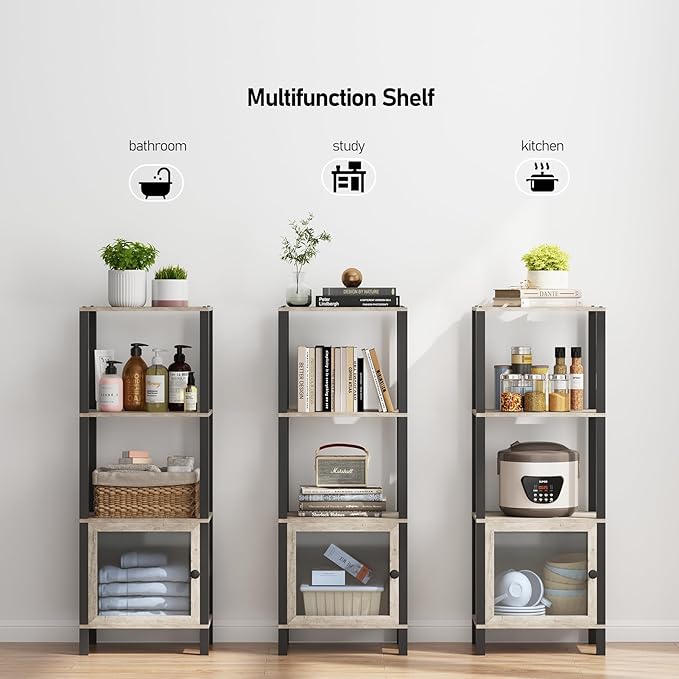 TUTOTAK 4 Tier Bookcase and Bookshelf, Narrow Book shelf with Door for Small Space, for Living Room, Office, Study, Entryway, Greige BS03BG004 - LeafyLoom