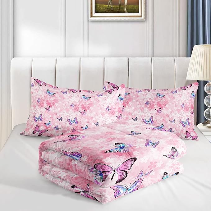 Datura home Kids Comforter Set Girls Pink Flower Butterfly Printed Pattern Quilt Bedding with 1 and 2 Pillowcases for Bedroom All Season(Pink Full) Full 80x90inches - LeafyLoom