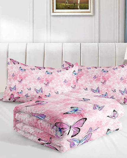 Datura home Kids Comforter Set Girls Pink Flower Butterfly Printed Pattern Quilt Bedding Set with 1 Comforter and 2 Pillowcases for Girls Bedroom All Season(Pink Flower Butterfly Twin 68x86inch) - LeafyLoom