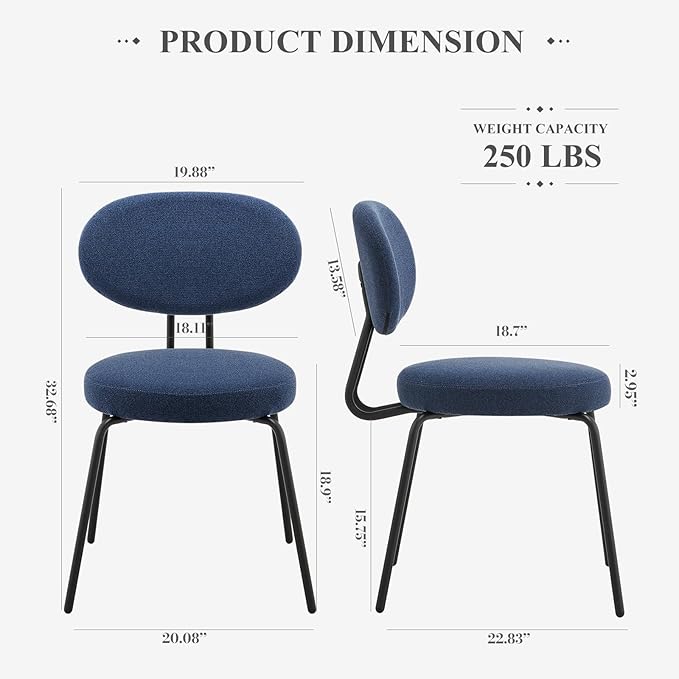 COLAMY Modern Fabric Dining Chairs Set of 2, Mid Centry Upholstered Dining Room Kitchen Chairs with Curved Backrest, Black Metal Legs, Round Seat, Blue - LeafyLoom