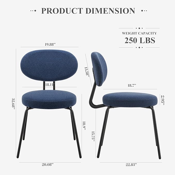COLAMY Modern Fabric Dining Chairs Set of 6, Mid Centry Upholstered Dining Room Kitchen Chairs with Curved Backrest, Round Seat, Black Metal Legs, Blue - LeafyLoom