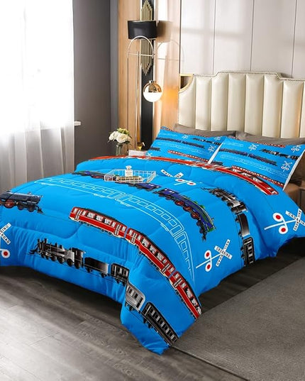 Feelyou Boys Train Twin Size Comforter Set Cartoon Car Toddler Bedding Set for Kids Teens Vintage Car Track Comforter Red Blue Black Decor Quilt Set Room 2Pcs - LeafyLoom
