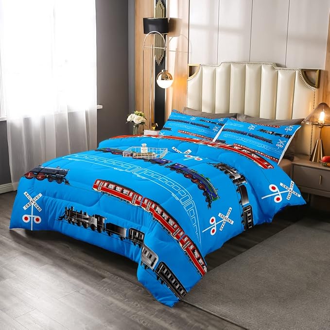 Feelyou Boys Train Twin Size Comforter Set Cartoon Car Toddler Bedding Set for Kids Teens Vintage Car Track Comforter Red Blue Black Decor Quilt Set Room 2Pcs - LeafyLoom