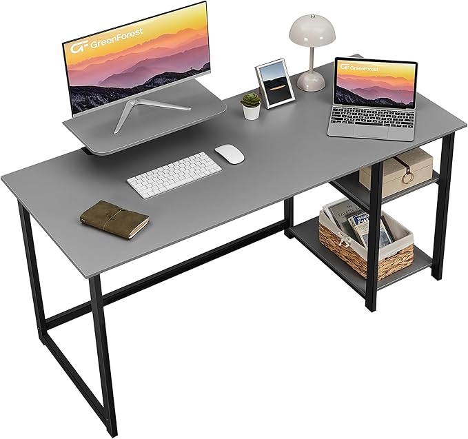 GreenForest Computer Home Office Desk with Monitor Stand and Reversible Storage Shelves,55 inch Modern Simple Writing Study PC Work Table,Grey - LeafyLoom