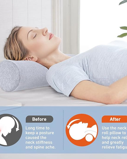 Neck Roll Pillow - Memory Foam Neck Roll Pillow for Sleeping - Ergonomic Neck Roll Pillow for Cervical Support & Neck Pain Relief, Versatile Round Bolster Pillow for Legs, Back (Grey) - LeafyLoom