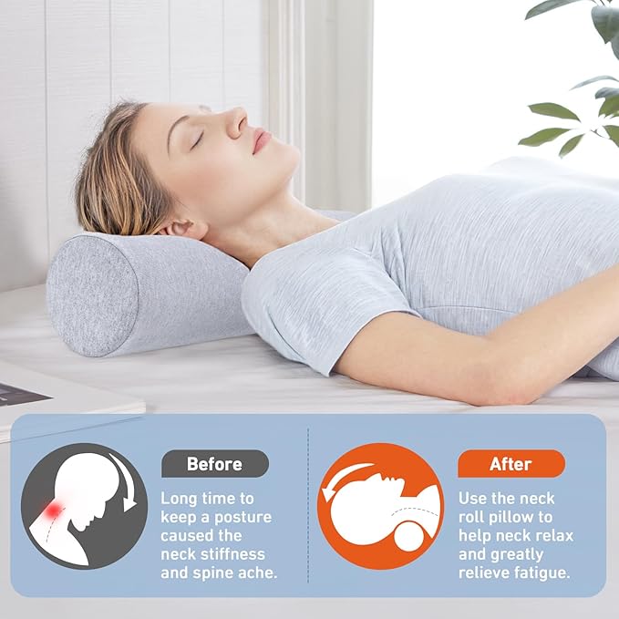 Neck Roll Pillow - Memory Foam Neck Roll Pillow for Sleeping - Ergonomic Neck Roll Pillow for Cervical Support & Neck Pain Relief, Versatile Round Bolster Pillow for Legs, Back (Grey) - LeafyLoom