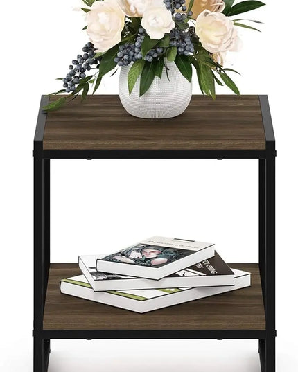 FURINNO Camnus Modern Living 2-Tier End Table, Columbia Walnut, 15.9 in x 15.75 in x 18 in - LeafyLoom