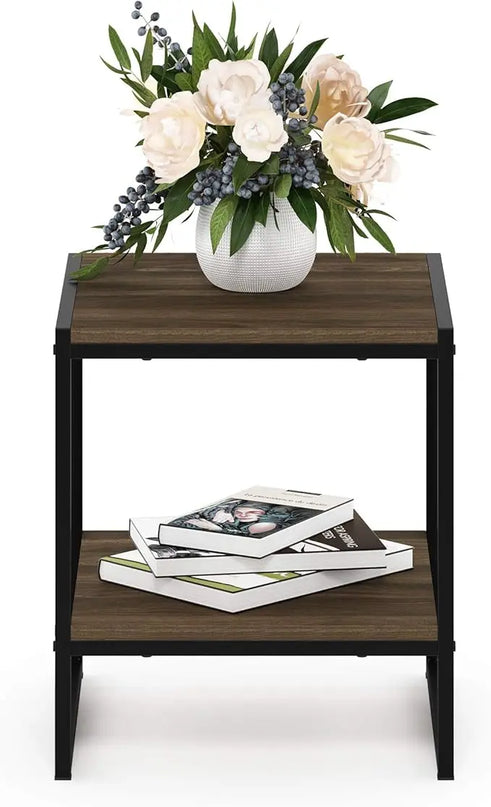 FURINNO Camnus Modern Living 2-Tier End Table, Columbia Walnut, 15.9 in x 15.75 in x 18 in - LeafyLoom