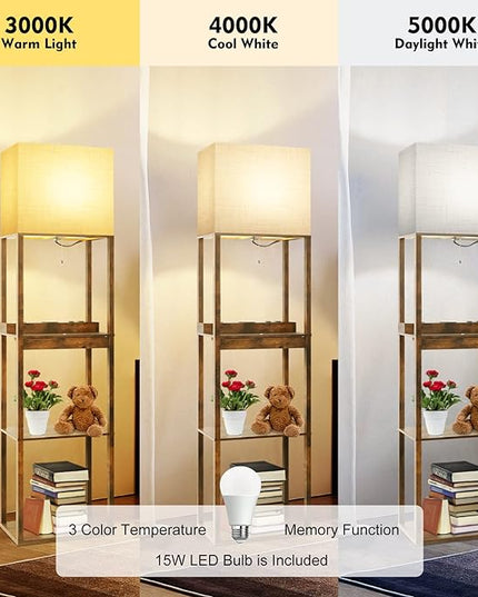 RUNTOP Floor Lamp with Shelves, Plus Shelf Lamp with Wireless Charger, 2 USB Port and Outlet, 1 Drawer, 15W LED Bulb, 3 Colors, Memory Function, Floor Lamps for Living Room, Standing Lamp for Bedroom - LeafyLoom