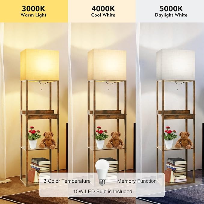 RUNTOP Floor Lamp with Shelves, Plus Shelf Lamp with Wireless Charger, 2 USB Port and Outlet, 1 Drawer, 15W LED Bulb, 3 Colors, Memory Function, Floor Lamps for Living Room, Standing Lamp for Bedroom - LeafyLoom