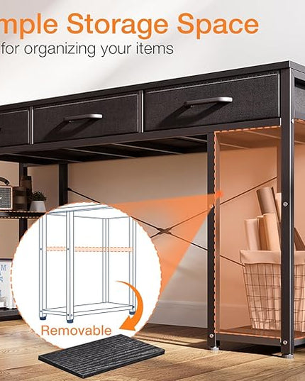 ODK Office Small Computer Desk: Home Table with Fabric Drawers & Storage Shelves, Modern Writing Desk, Black, 48"x16" - LeafyLoom