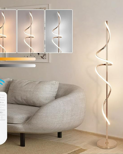 LED Floor Lamp for Living Room, 60inch Gold Floor Lamp with Remote Control, 48W Dimmable Led Floor Lamp with 3 Color Temperatures, Indoor Modern Spiral Floor Lamp for Living Room, Bedroom, Office - LeafyLoom