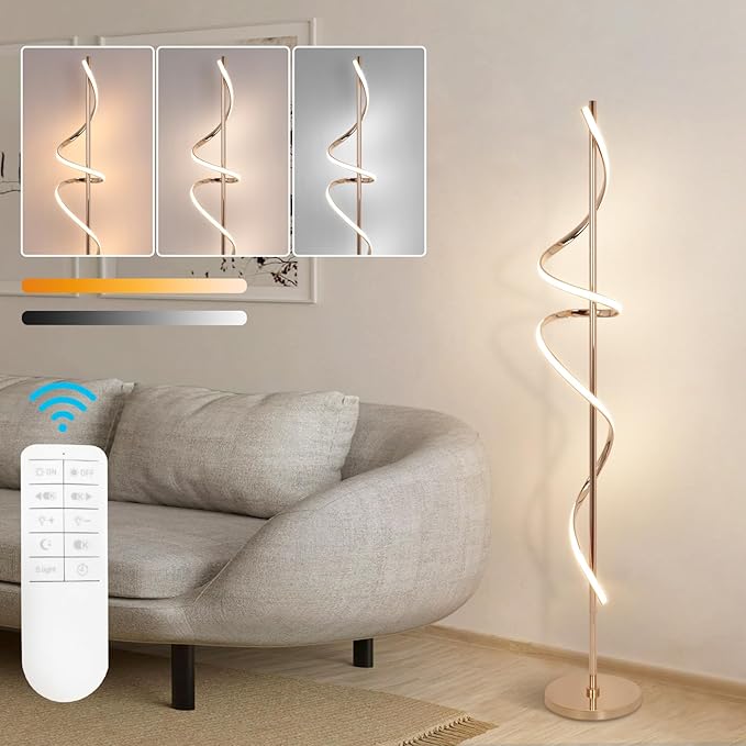 LED Floor Lamp for Living Room, 60inch Gold Floor Lamp with Remote Control, 48W Dimmable Led Floor Lamp with 3 Color Temperatures, Indoor Modern Spiral Floor Lamp for Living Room, Bedroom, Office - LeafyLoom